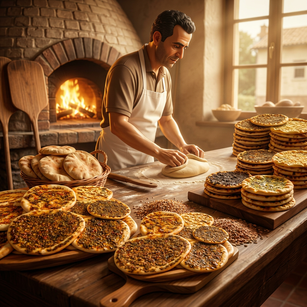Baker hand-shaping fresh dough by the stone oven