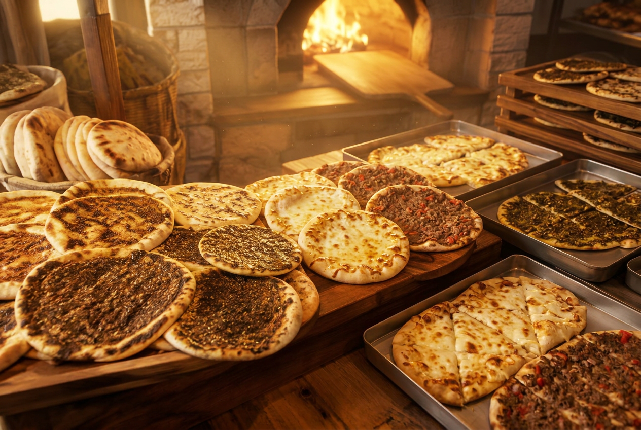 Fresh zaatar, cheese and meat manaeesh at Al-Amir Bakery